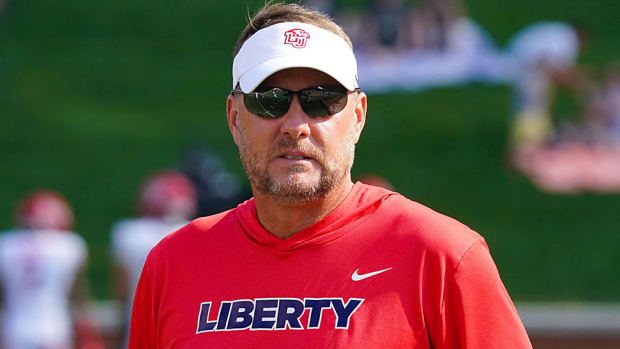 Liberty Flames head coach Hugh Freeze looks on against the Wake Forest Demon Deacons before the game at Truist Field.